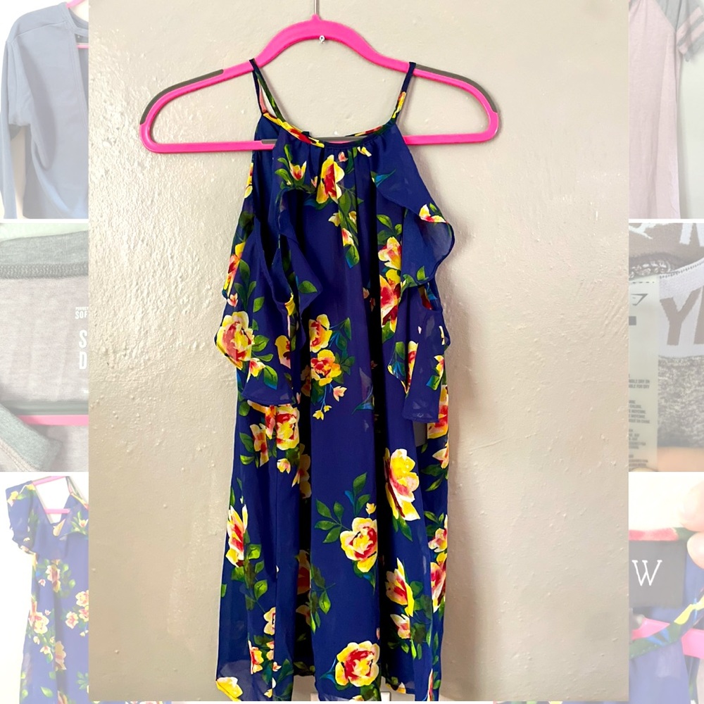 Open shoulder navy floral dress